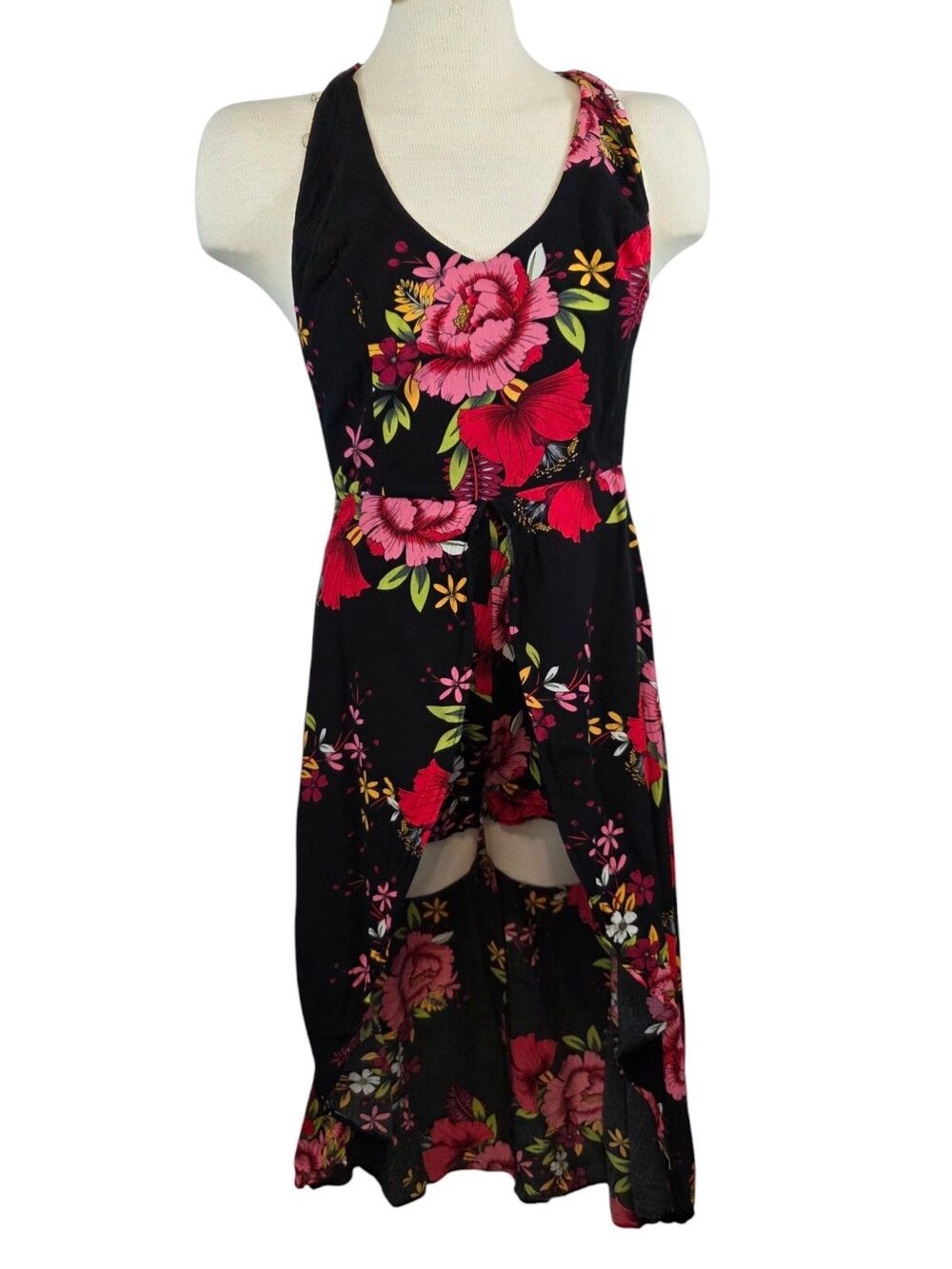 Kormei Dress Womans Medium Black Floral Scoop Neck Halter Backless Shorts